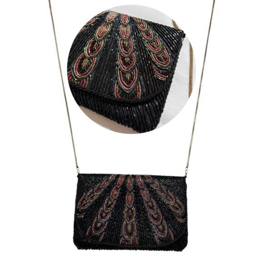 Vtg La Regale Peacock Beaded Evening Bag Art Deco Black Clutch‎ Purse Gatsby